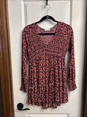 beachlunchlounge Coral and Navy Smocked Tiered Tunic Dress